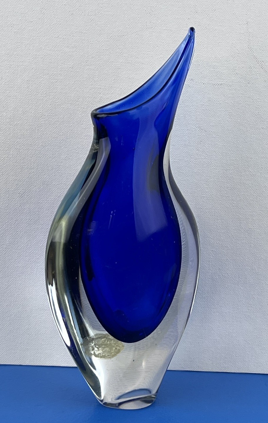 Murano MCM Glass Blue Clear Teardrop Vase 10.5”