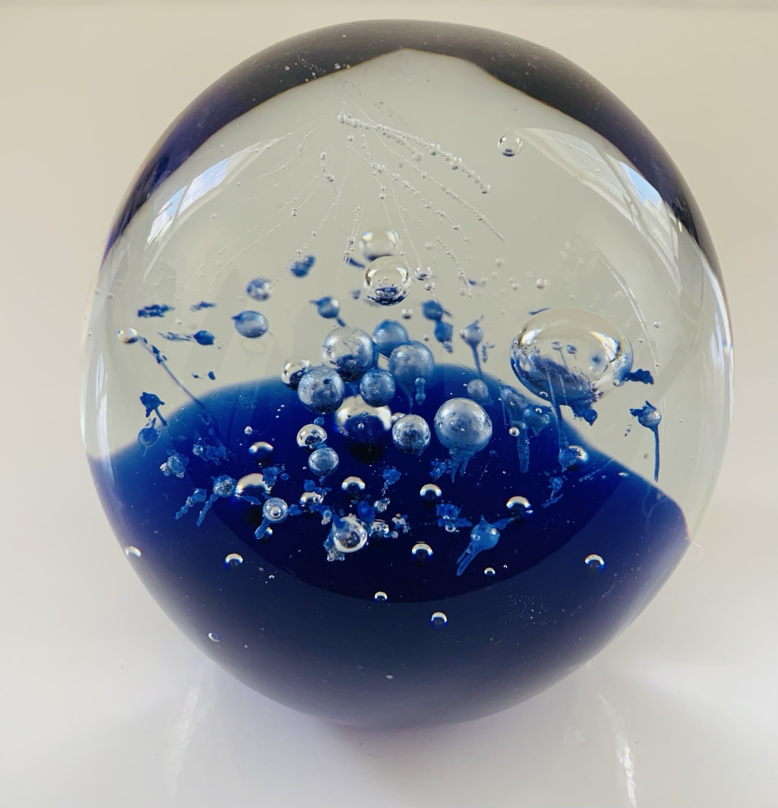 Vtg Art Glass Hand Blown Paperweight Cobalt Blue Controlled Bubbles/Fireworks