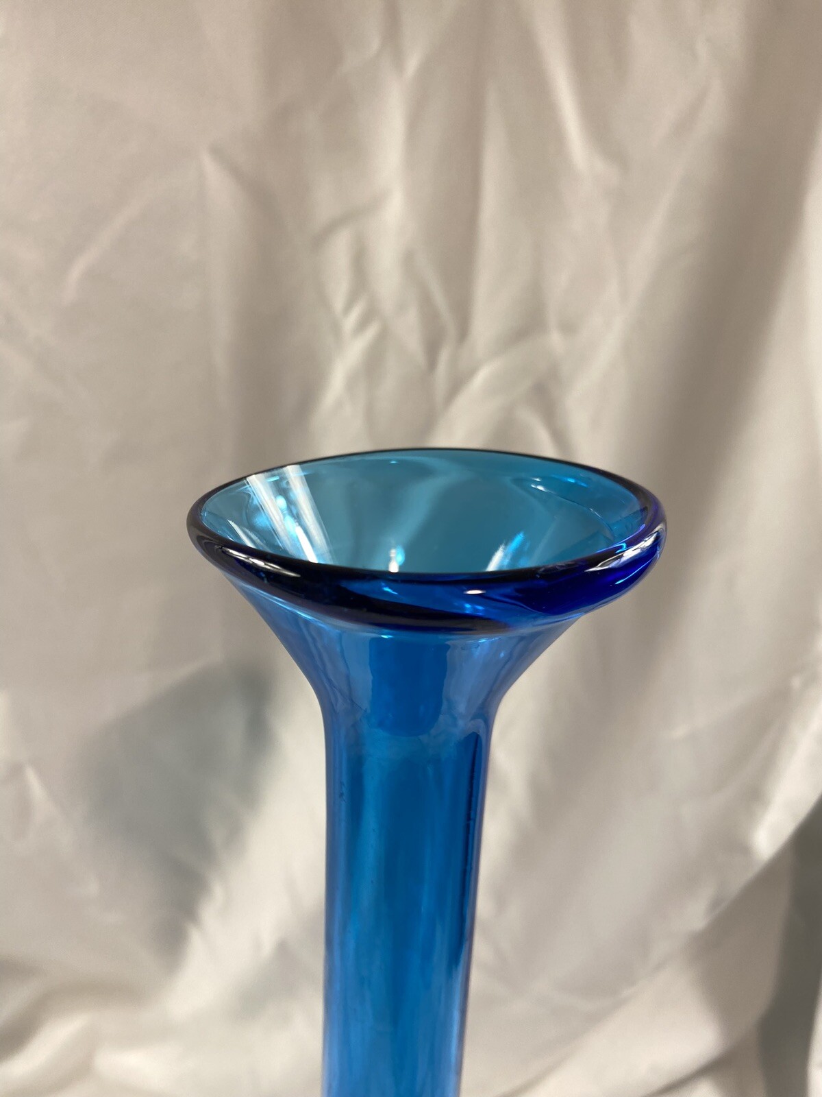 Mid Century Modern Blue Long Narrow Neck Hand Blown Art Glass Vase Tall Vintage