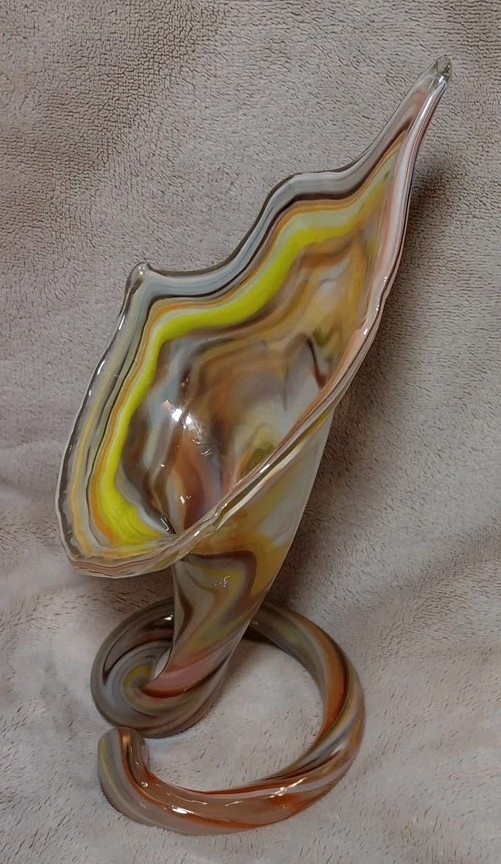 Vintage Hand Blown Orange And Yellow Art Glass Swirl Twisted Stem Vase