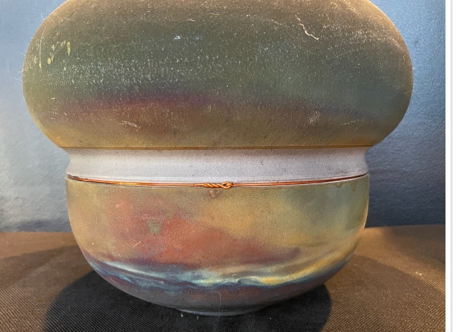 Paul Anderson Raku Pottery Container Copper Wire Signed Rare