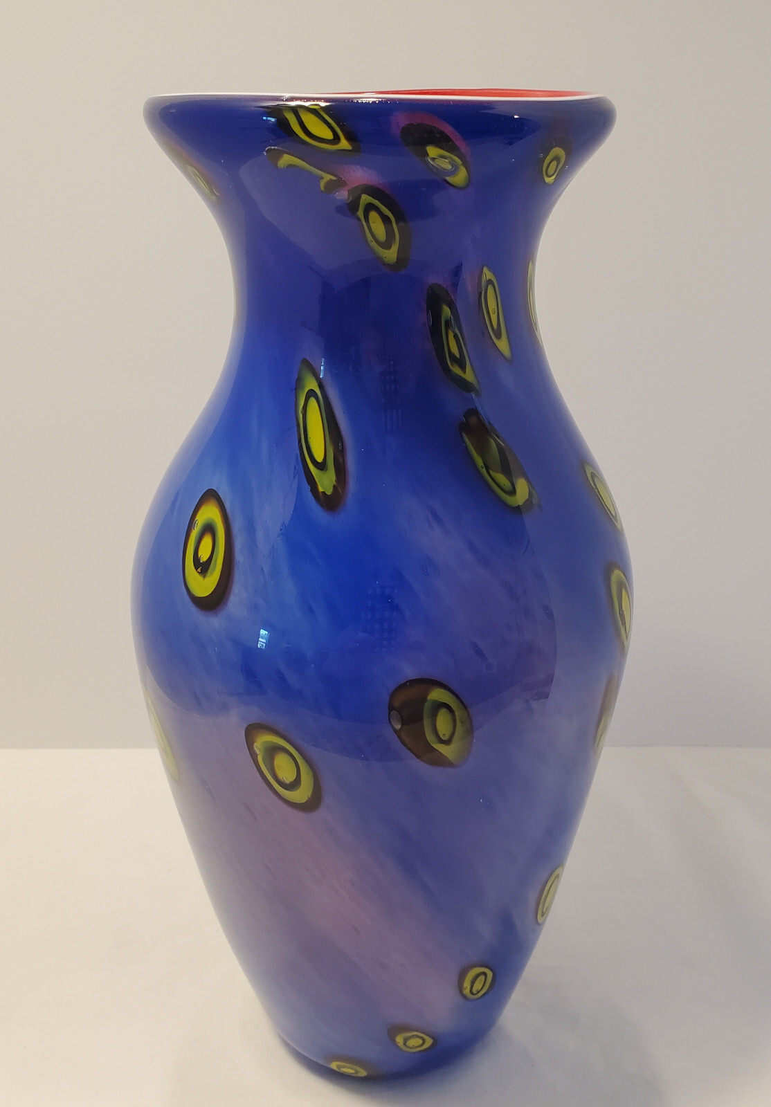 Modern cobalt blue blown art glass vase /w red inside & white stripe around rim