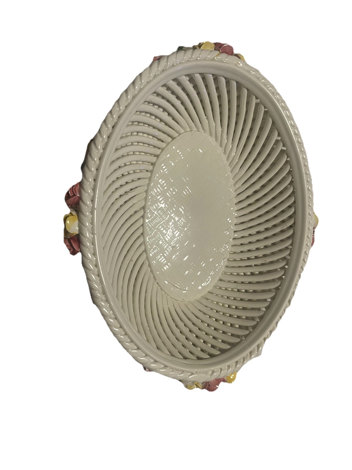 Capodimonte Basket Oval Dish Lattice With Pink And Yellow Roses Italy