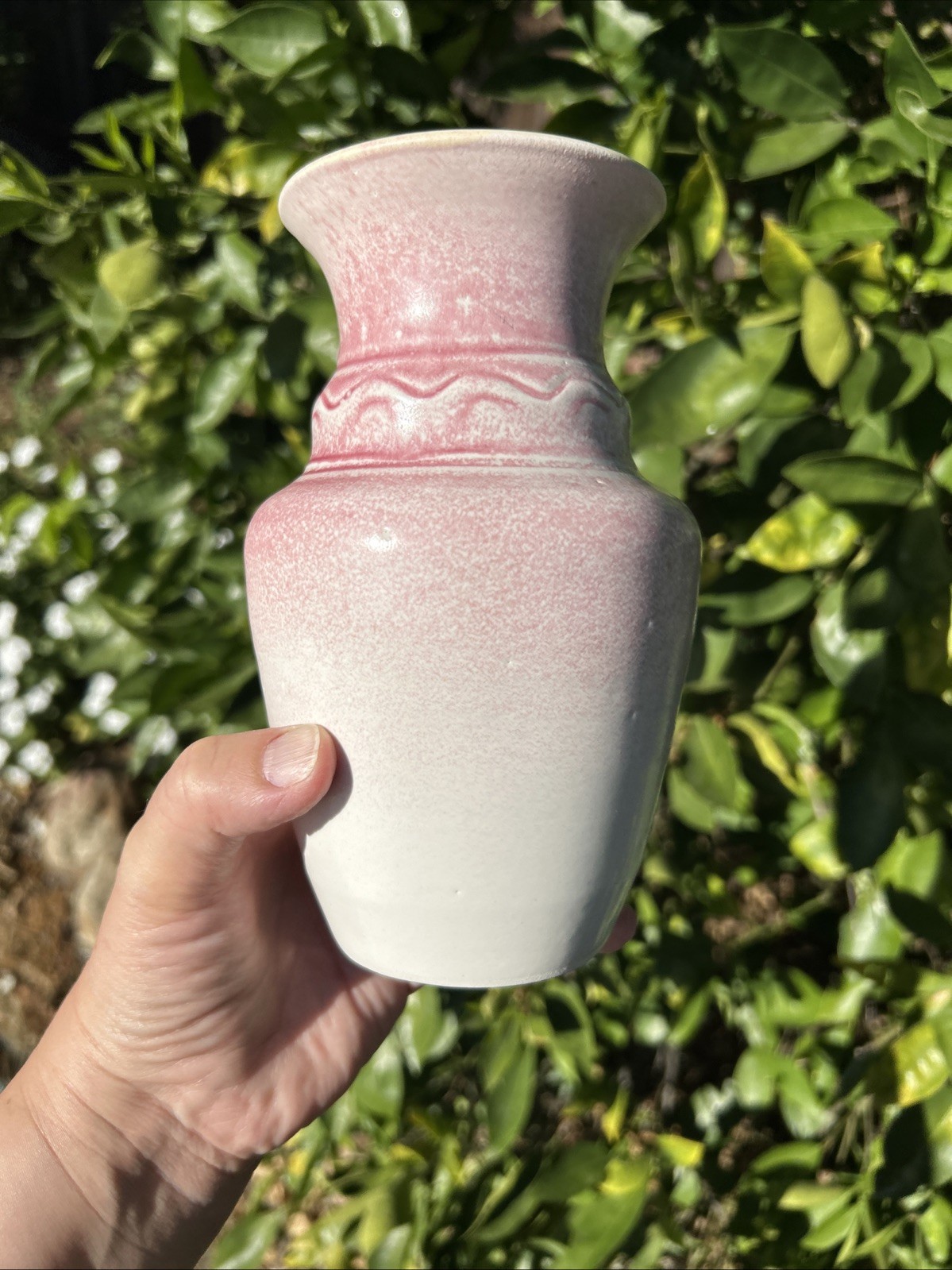 Dryden Pottery Arkansas Pink And Yellow Ceramic Vase Vintage Signed TL 7 Inches