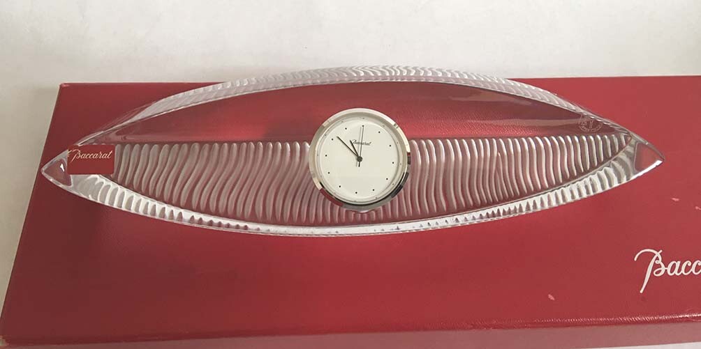 Rare BACCARAT France Empreinte Crystal Ellipse Desk Clock 9.25″ Long New in Box