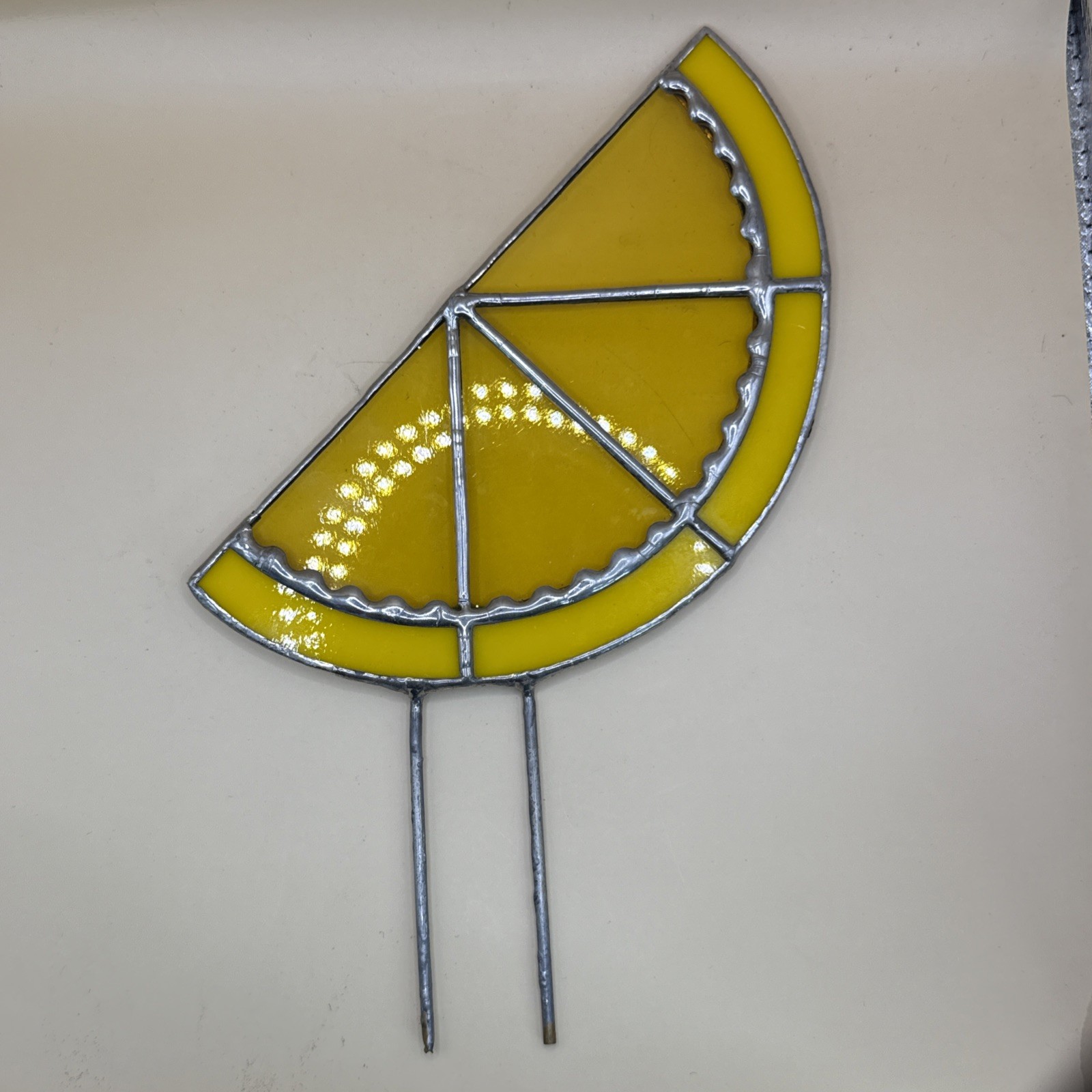 Vintage Hand Made Stained Leaded Glass Lemon Fruit Decor Suncatcher
