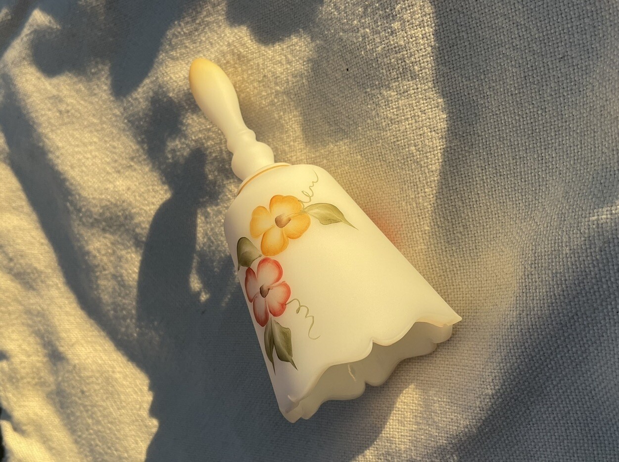 Fenton Bermese Glass Hand Painted Bell Pink And Yellow Flowers C. Griffiths