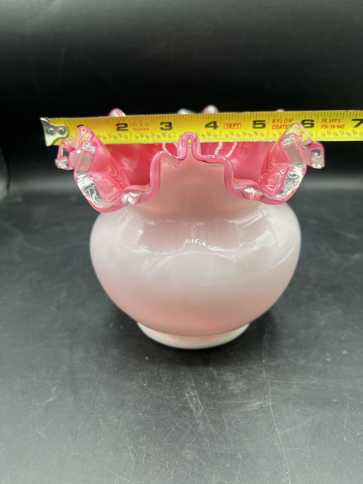 Vintage Fenton Peach Crest White Cased Rose Bowl Vase Pink Interior Ruffled Rim