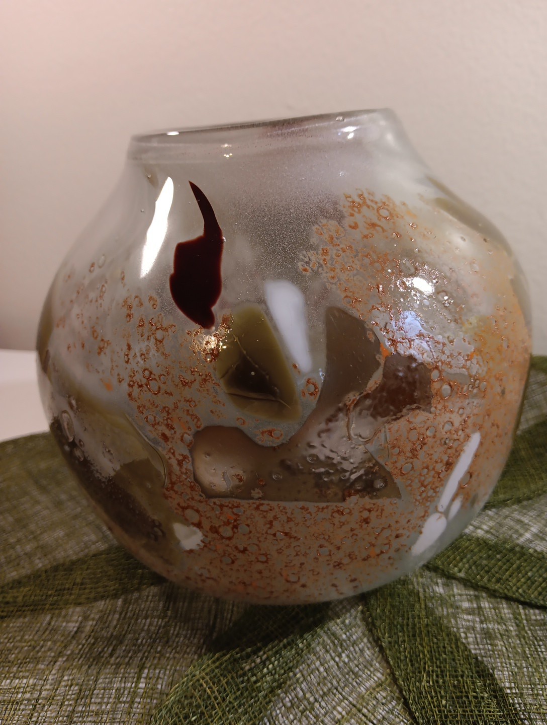 Vintage Handblown Infused Art Glass Orb Vase Or Led Light Globe. Signed.