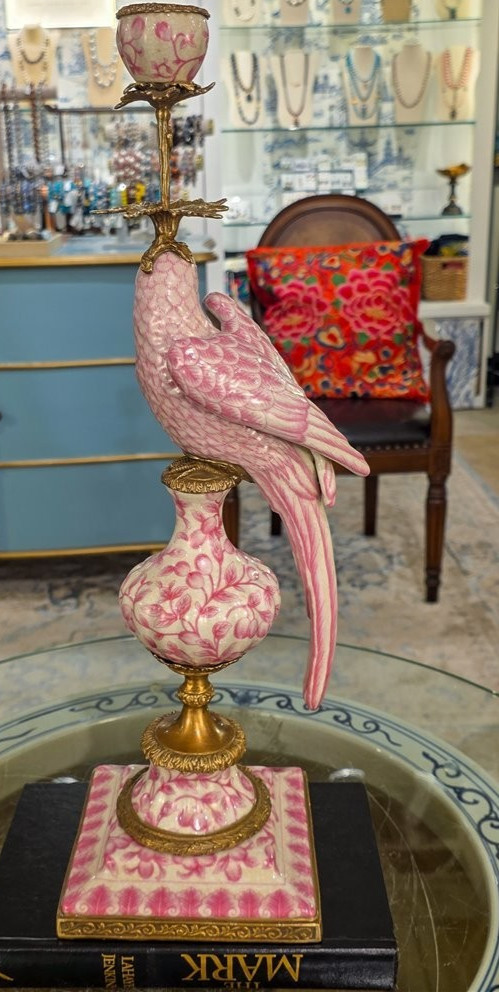 Antique Style Pink Parrot Porcelain & Bronze Candlesticks-Candle Holders Pair