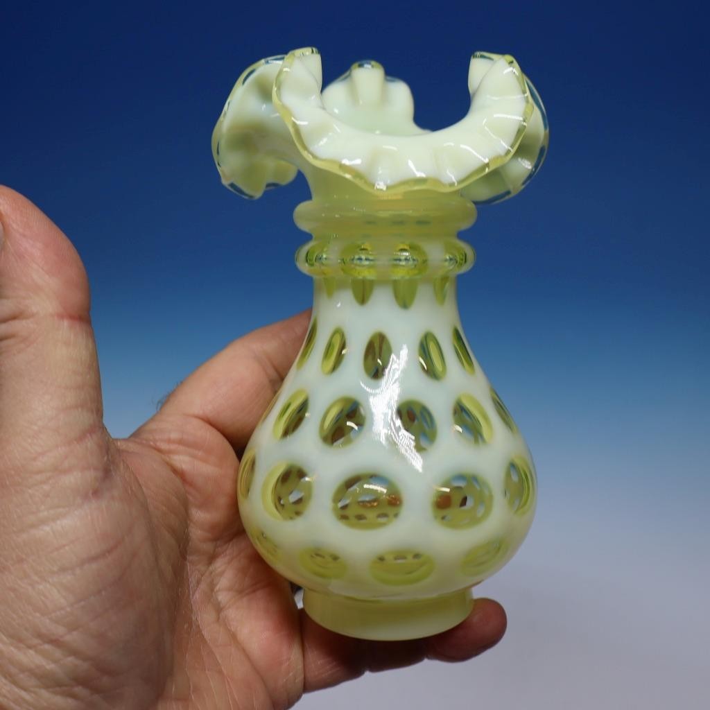 Fenton Art Glass Uranium Yellow Opalescent Coin Dot – Ruffled Vase – 6 inches
