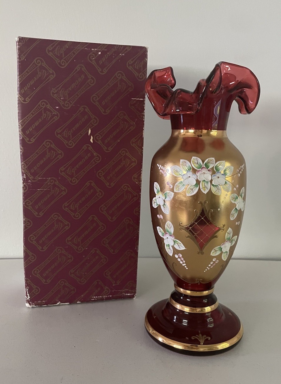 Czech Bohemia Crystal Egermann Red Glass Vase Gold Hand Painted Signed w Cert