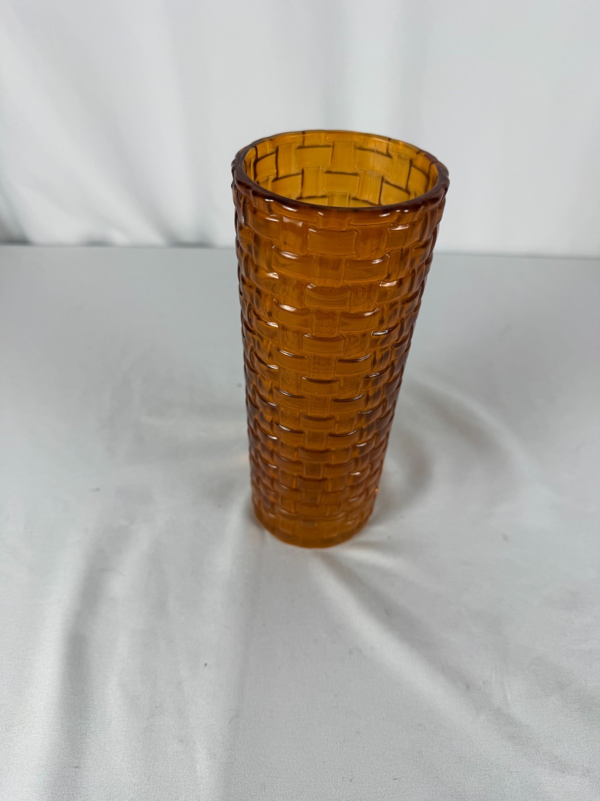 Vintage Indiana Glass Amber Vase Cubist Block Basket Weave Design 3″RD x 8″H