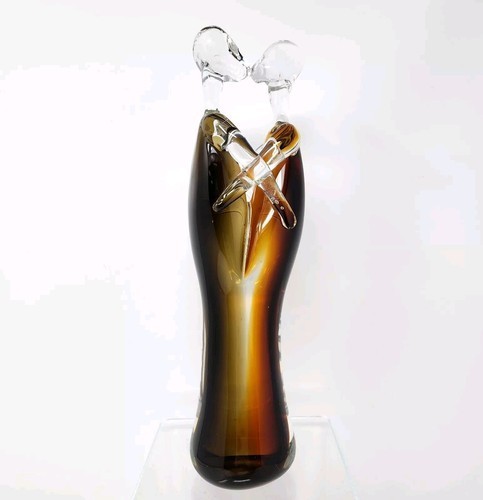 Kissing Couple ART GLASS SCULPTURE 10.5″ Tall Embracing Lovers Figurine Decor