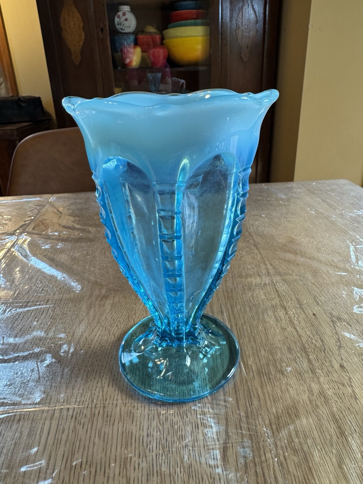 Jefferson Glass Blue Opalescent Vase – Victorian Zipper & Loop Design