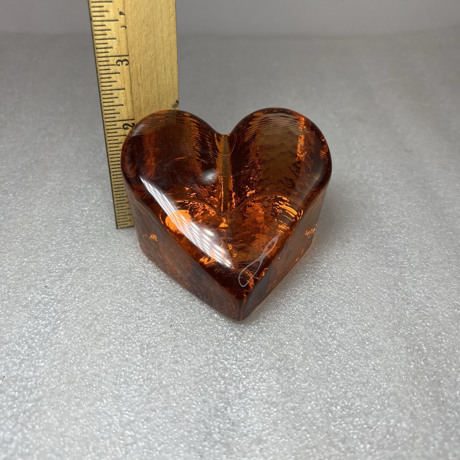 FIRE & LIGHT Amber Heart Glass Paperweight Orange/Copper Recycled Art Glass Sign