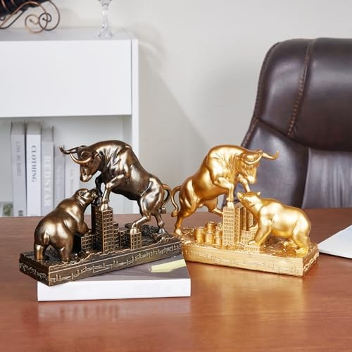 Bull and Bear Statue,Resin Abstract Tabletop Decor, Stock Market Copper H