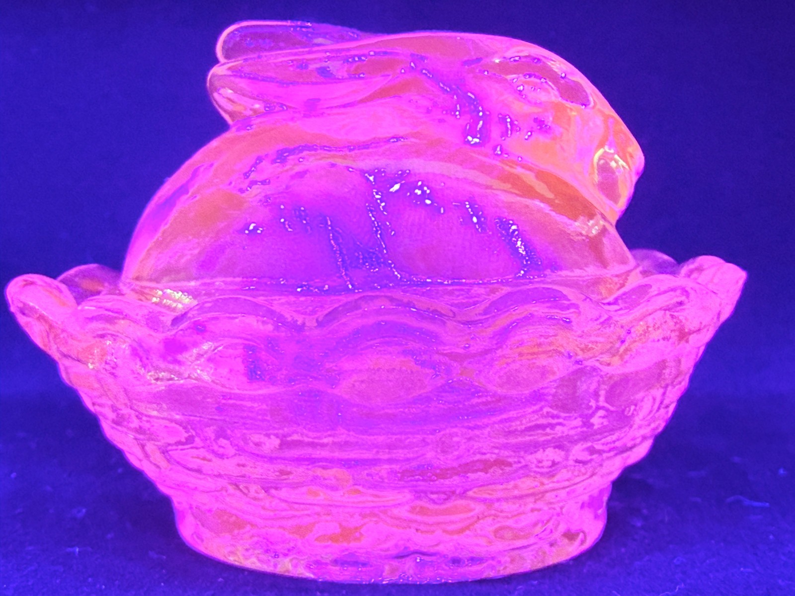 Teal green Vaseline Uranium glass Bunny rabbit on nest basket Easter salt cellar