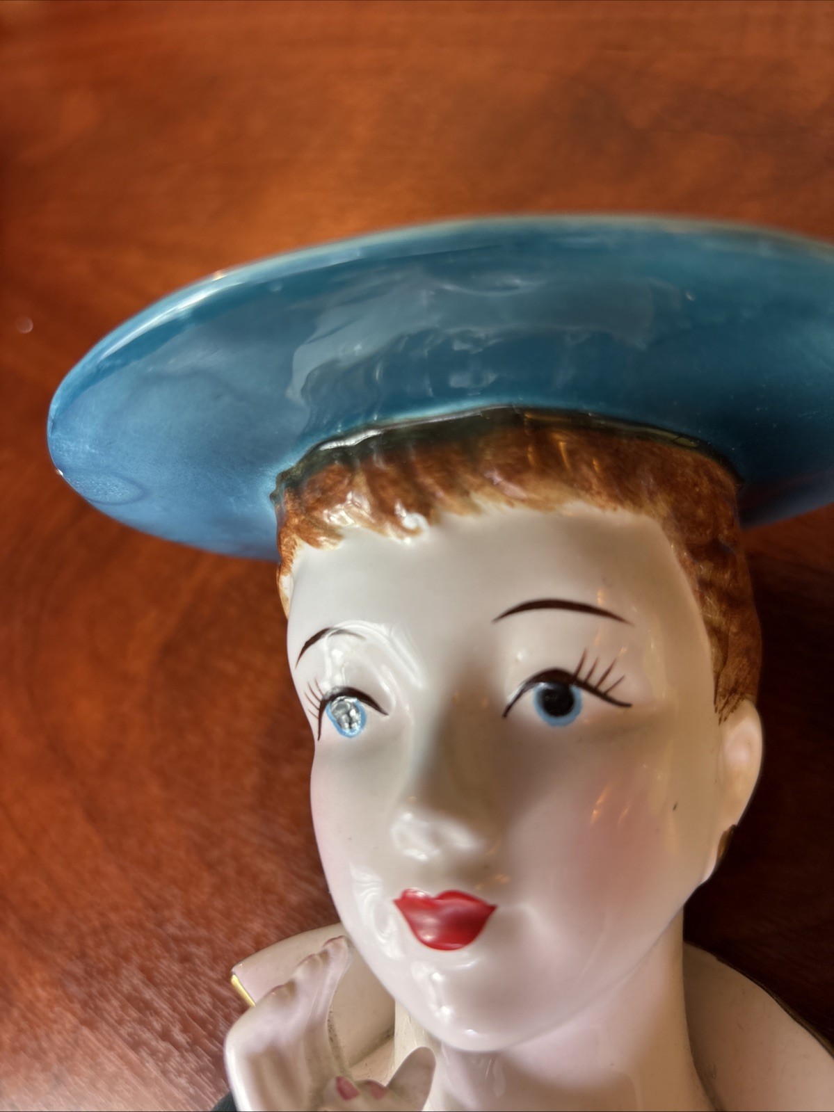 Vintage 1950s Lady Head Vase 5.5″ Redhead Large Hat Teal Both Hands Blue Eyes