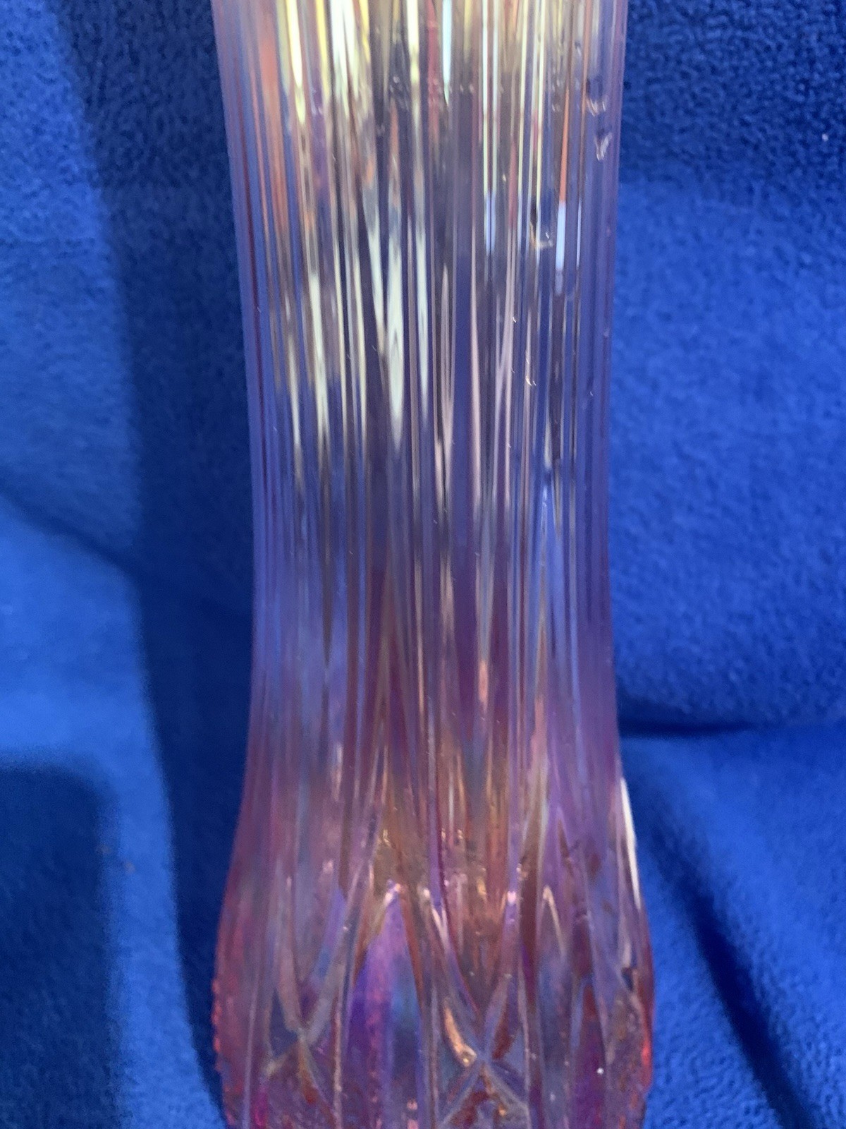 L E Smith Quintec Swung Vase Pink Iridescent Glass 16.25 Inches 16 Fingers