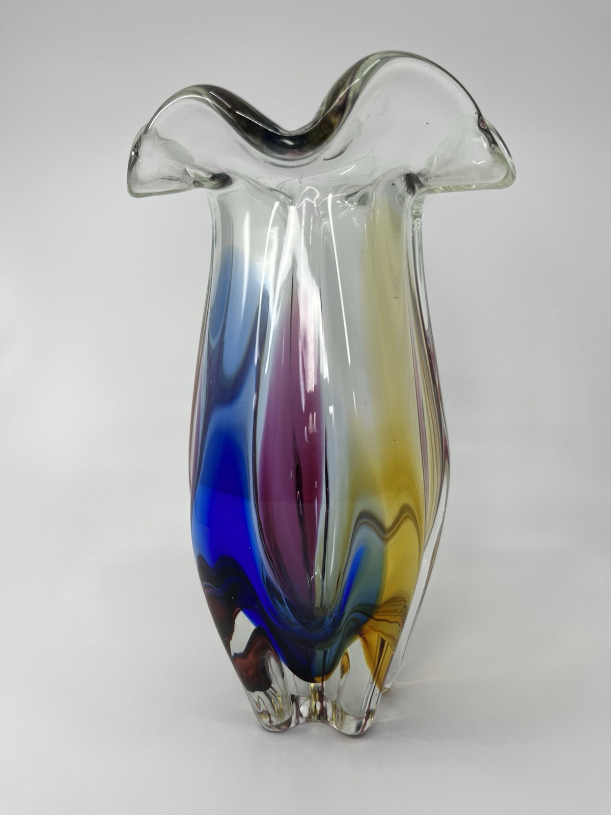 VTG Japanese Sanyu Narumi Fantasy Art Glass Vase Rainbow Pink Blue Amber 9.75”