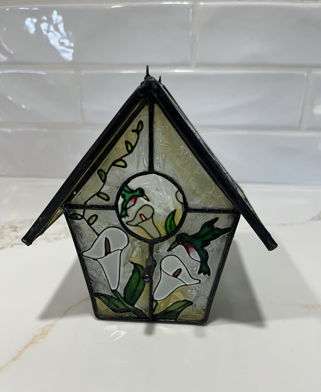 Painted Glass Birdhouse Suncatcher with Calla Lily & Humming Bird Motif