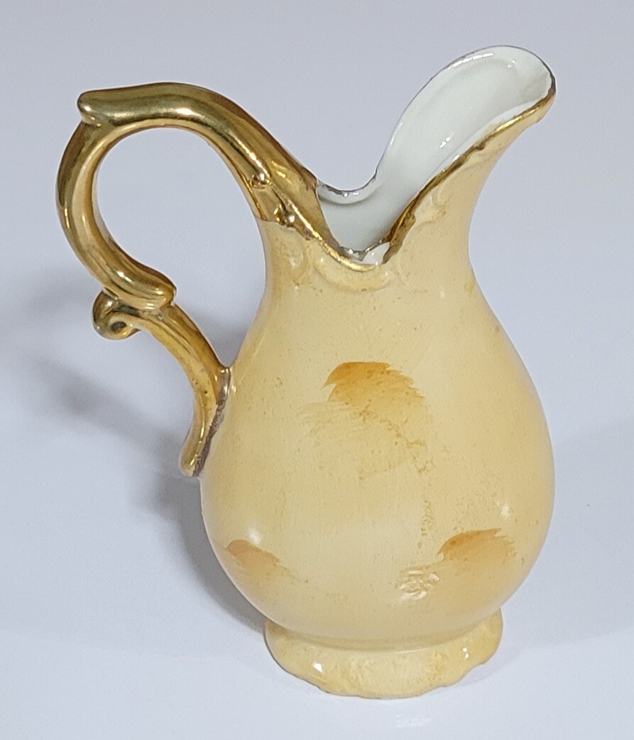 Vintage Enesco Bud Vase Pitcher 5″ Tall Gold Trim Fruit Scene Made in Japan MCM