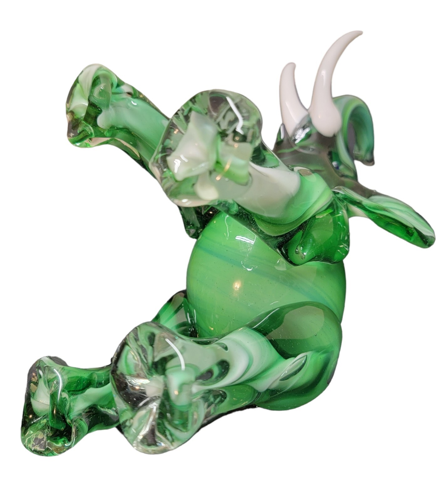 Vtg Hunter Green White Glass Elephant Trunk Up Tusk Figurine Murano Luck Fortune