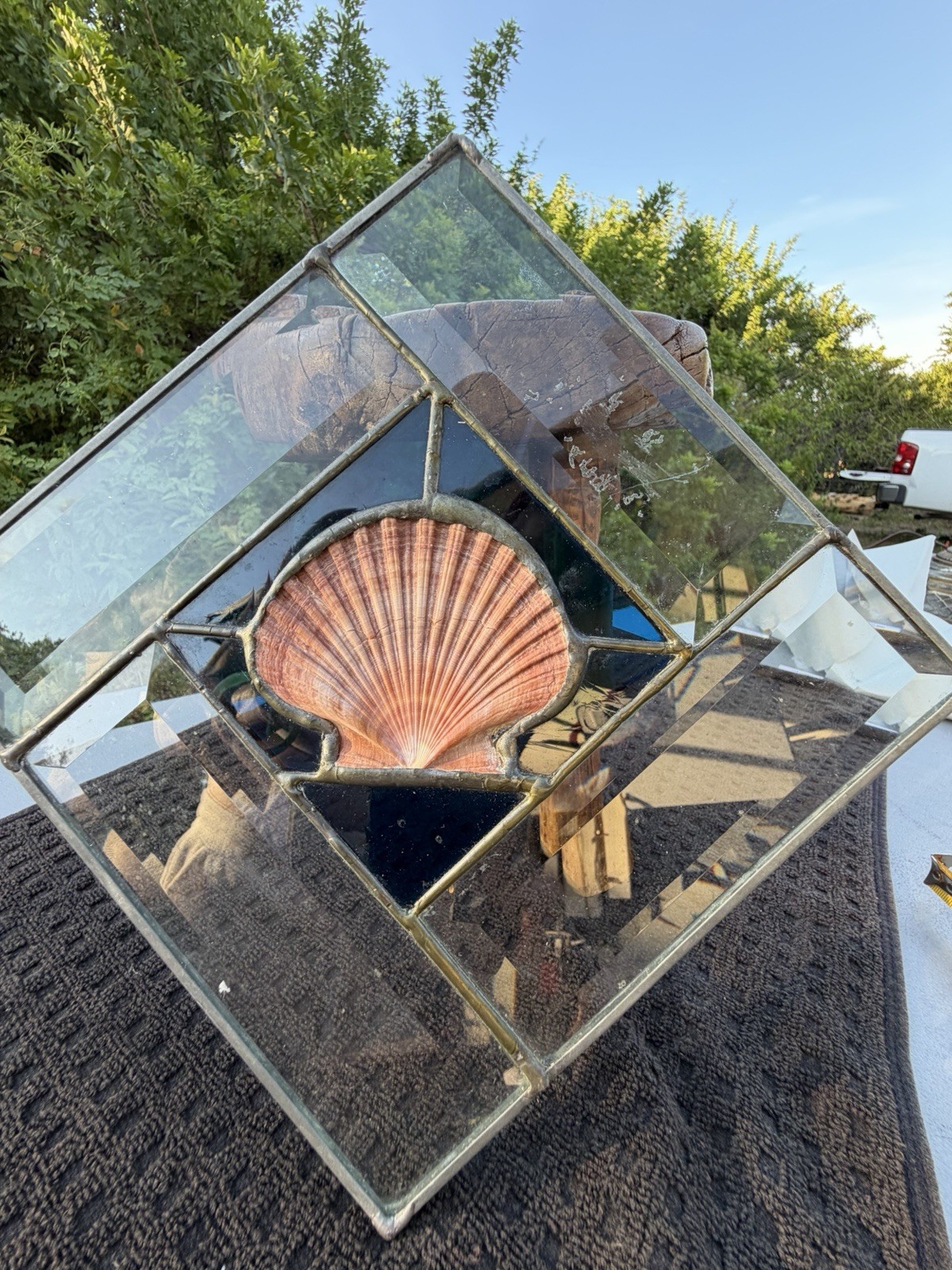 Vintage Stained Glass Seashell Suncatcher Clear glass Pink scallop