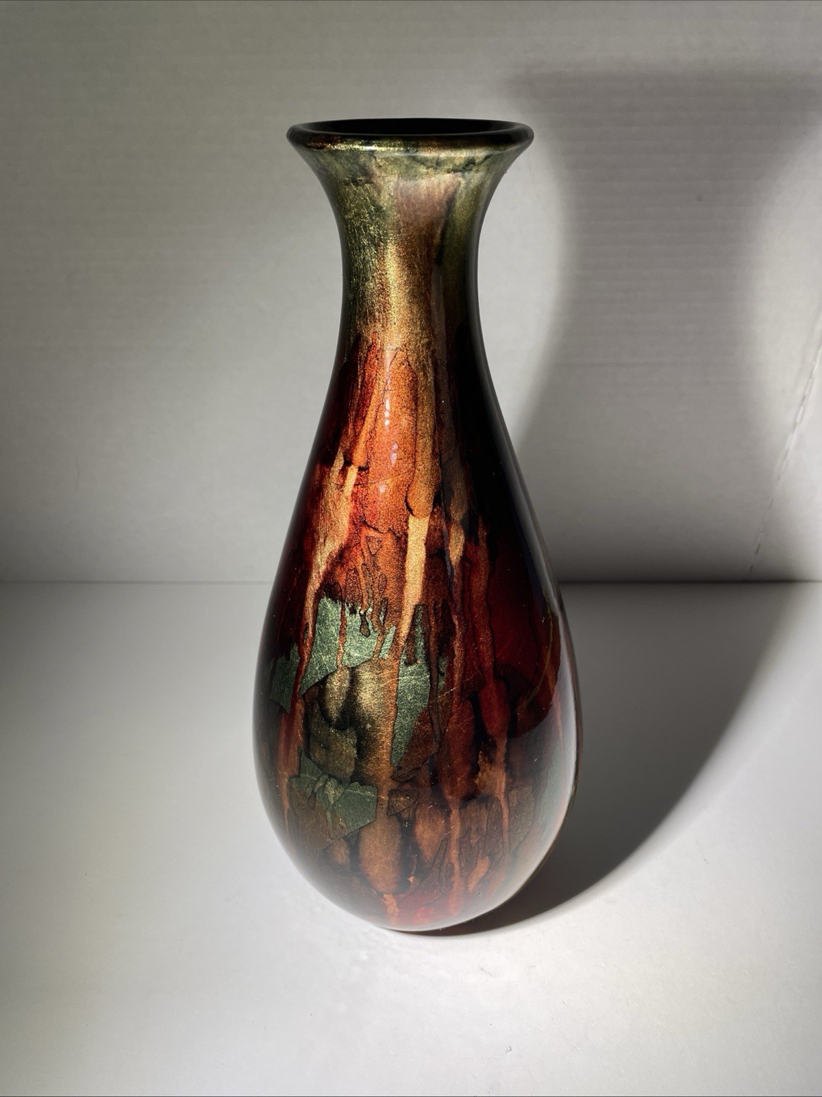 Metallic Red Green & Gold Multicolored Narrow Opening Vase 12”