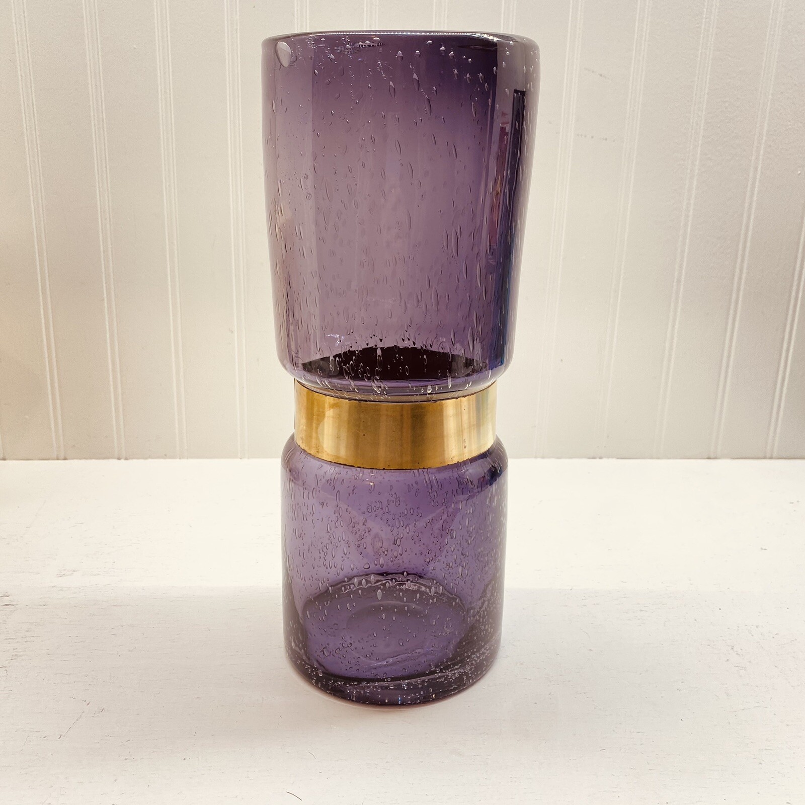 12” Moser Style Blown Glass Vase Gold Incised Band Amethyst Purple
