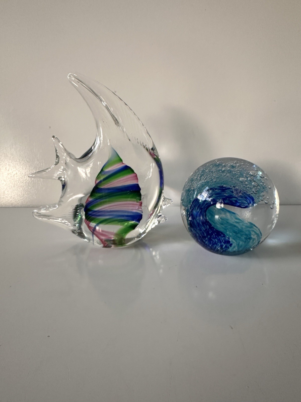 Vintage Art Glass Fish Figurine & Ocean Wave Paperweight Coastal Decor Se