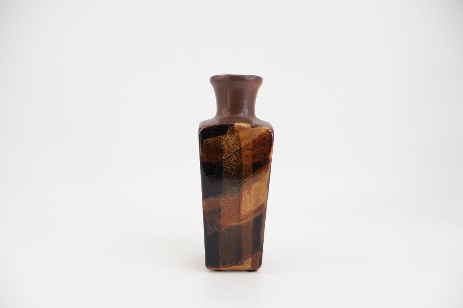 Pottery Craft USA Square Vase Brown Black Geometric Patchwork Glaze Mid Century