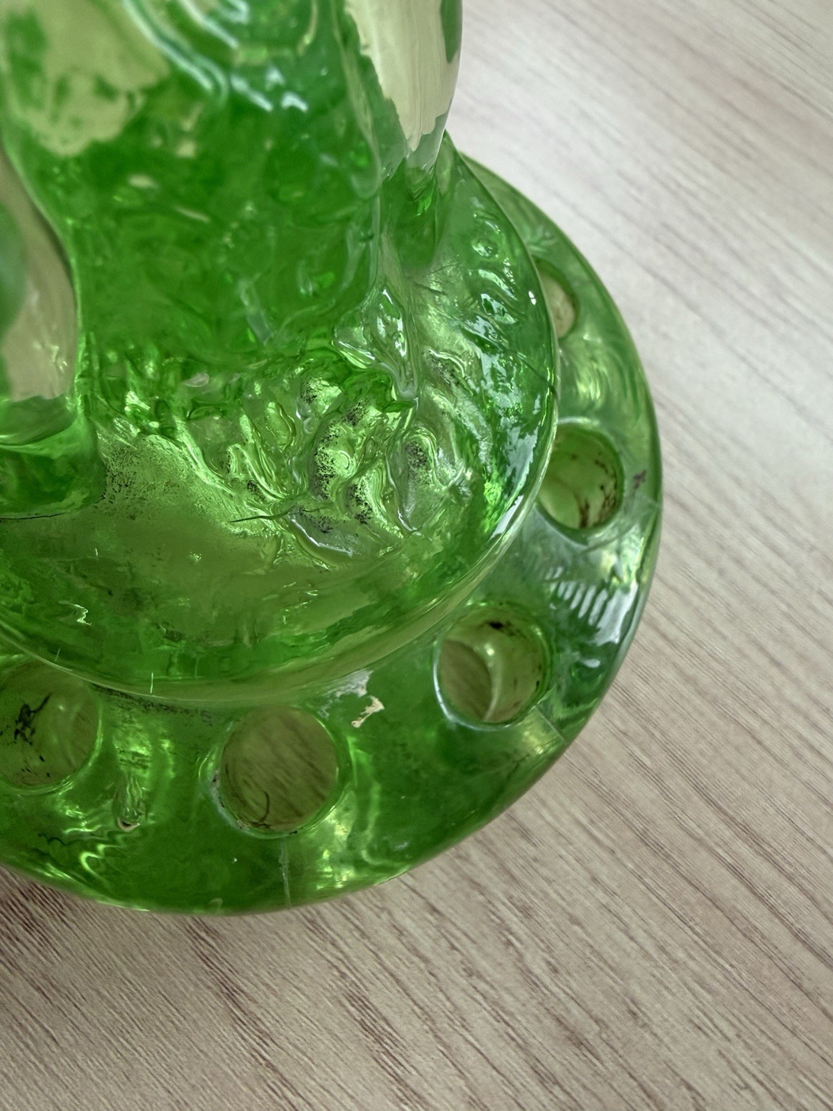 Cambridge Green Uranium Glass – Two Kid Flower Frog Boy & Goat – See Photos/read