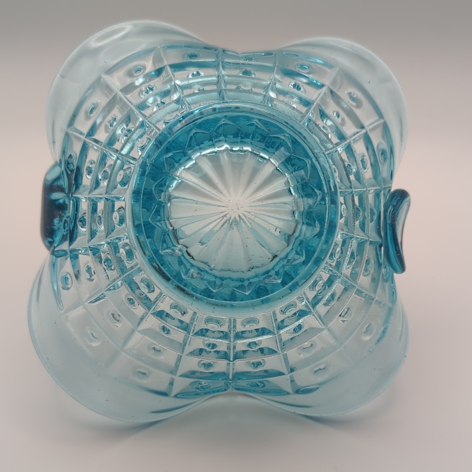 Blue Textured Pressed Glass Decorative Basket w/ Handle Ruffled Rim 6x6x6