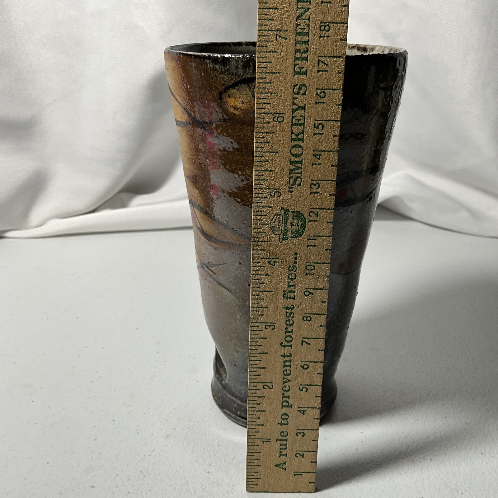 Handmade Studio Art Pottery Vase Rustic Fish Pattern Earth Tones 7″ Tall Vessel