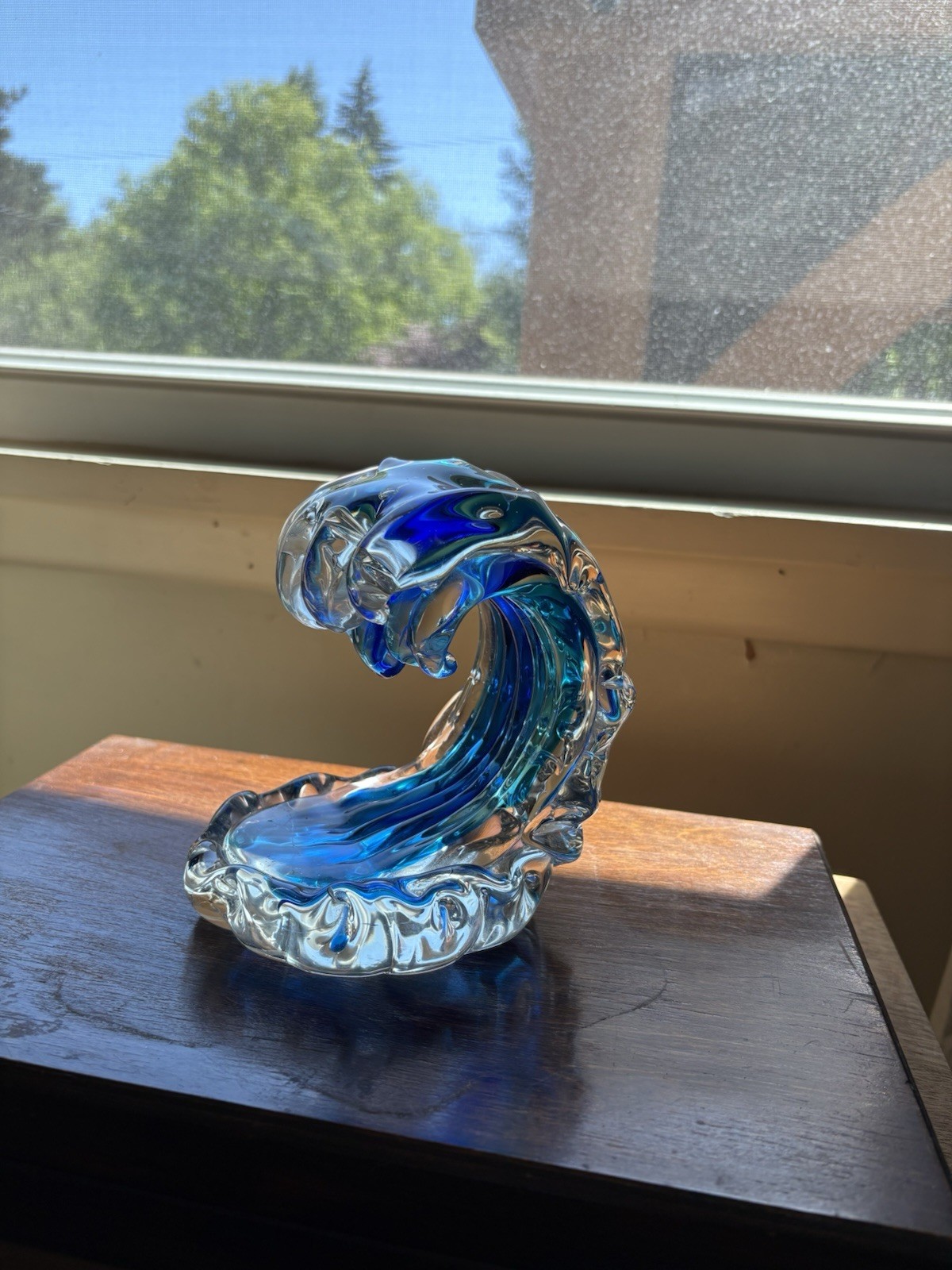 Hand Blow Rolling Ocean Coastal Table Top Nautical Art Glass Decor Blue