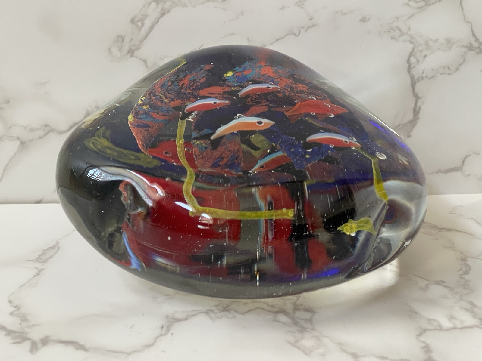 Large Art Glass Aquarium Paperweight Fish Coral Underwater Sea Life Multicolor