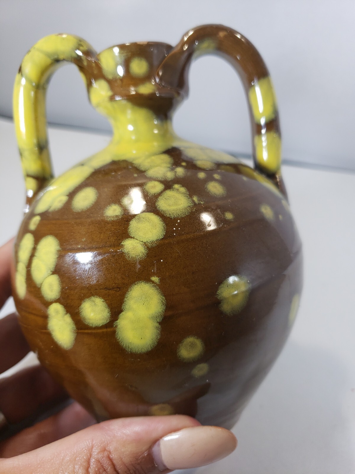 Redware Glazed Double Handled Yellow Speckled Bottle Vase
