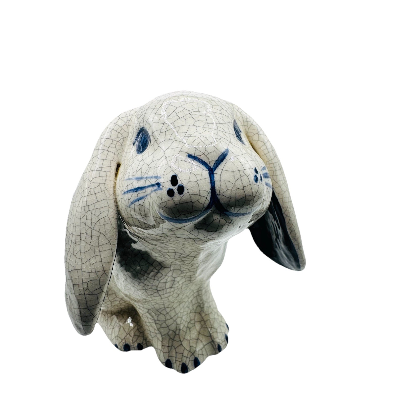 Dedham Potting Shed Large Bunny Rabbit Figurine Pottery Blue White Crackle 5.25″