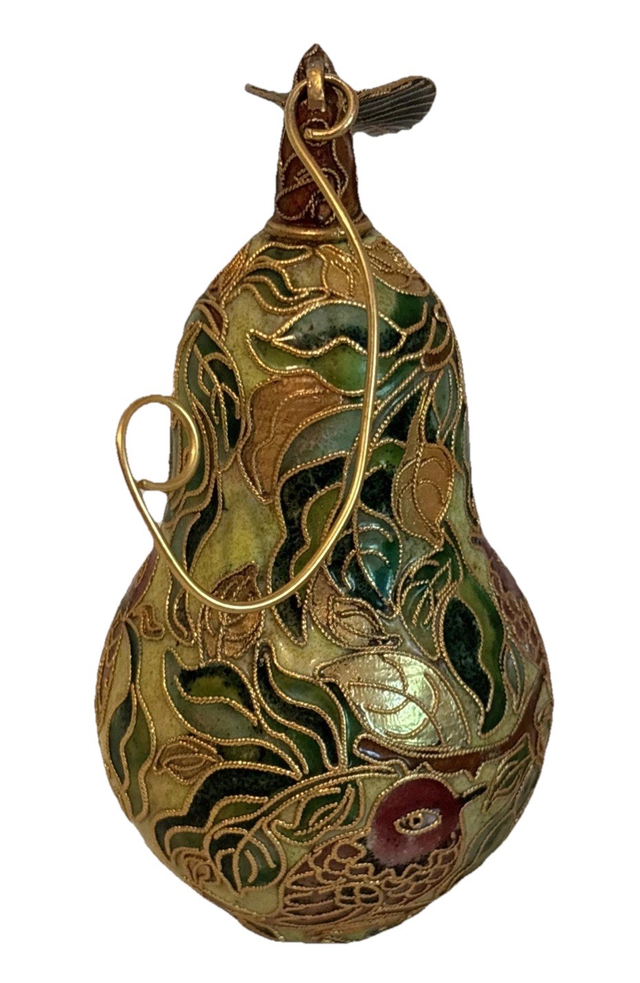 Cloisonné Enameled Pear Figurine Christmas Ornament Red Birds on Green Tree VTG