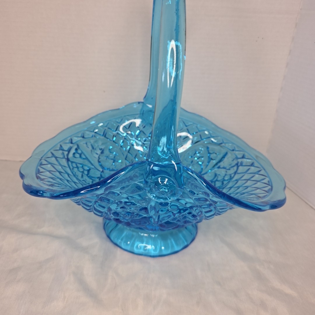 VTG Indiana Glass Horizon Blue Canterbury Basket Diamond Cut Fruit 11.5” Long