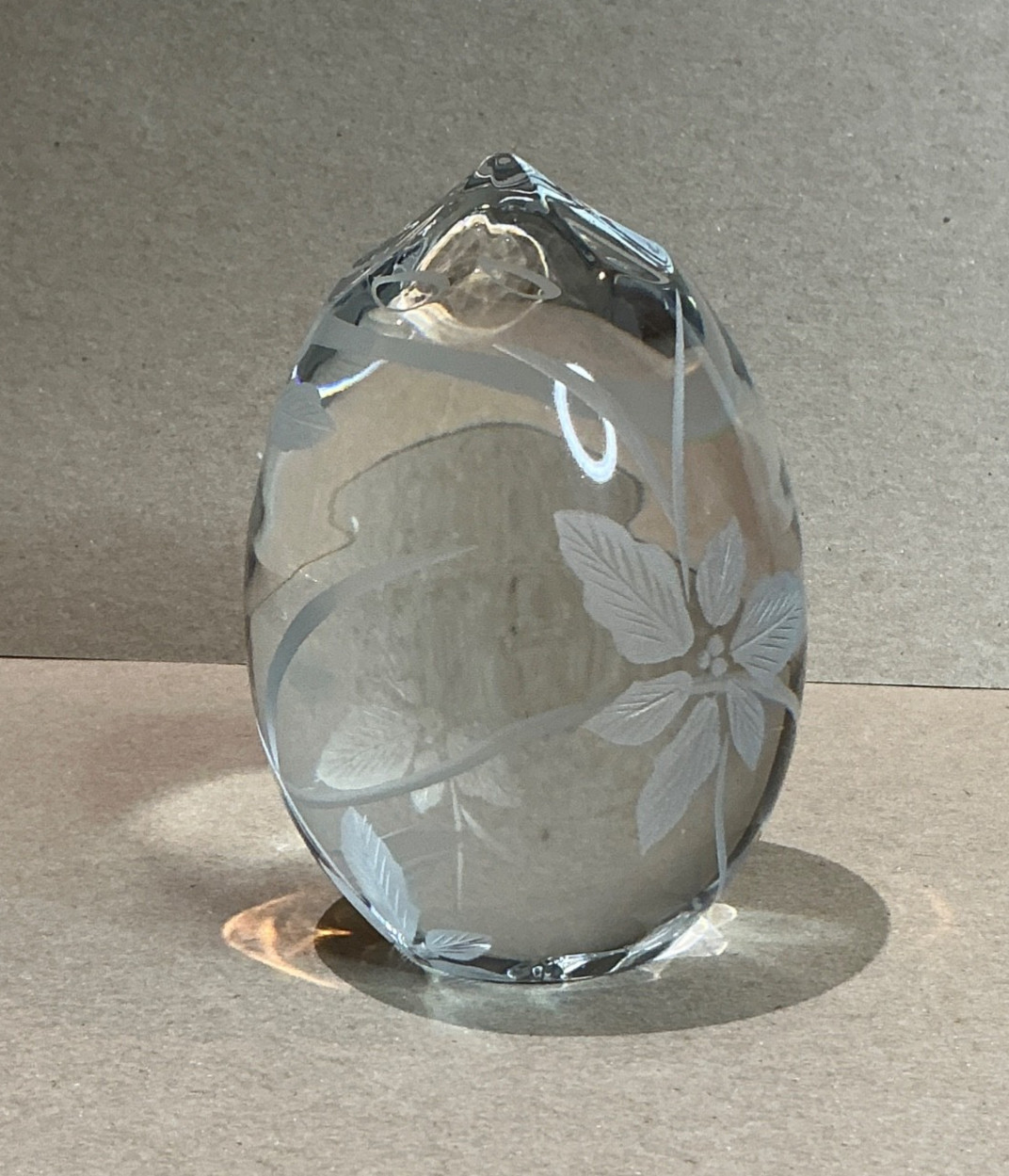 Crystal Egg Shaped Paperweight ~ Etched Design ~ 4.5 inches