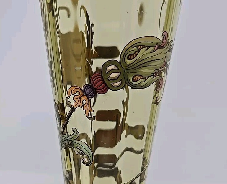 Theresienthal Moser Style Chartreuse Optic Molded Enamaled Floral Vase 11″