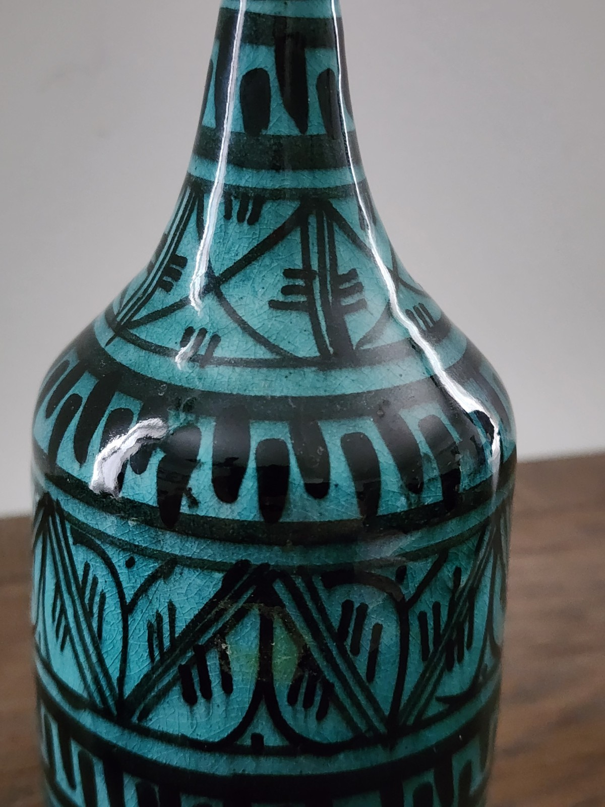 Vintage Safi Morocco Hand Painted Terra Cotta Vase Turquoise Geometric Art 9″
