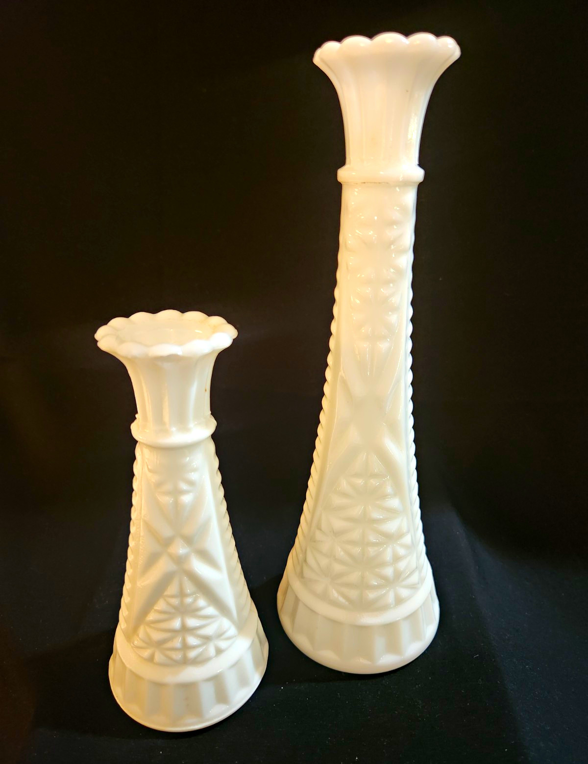 Unmarked White Milk Glass Decorative Bud Vases Geometric Textured 10 in & 5 in
