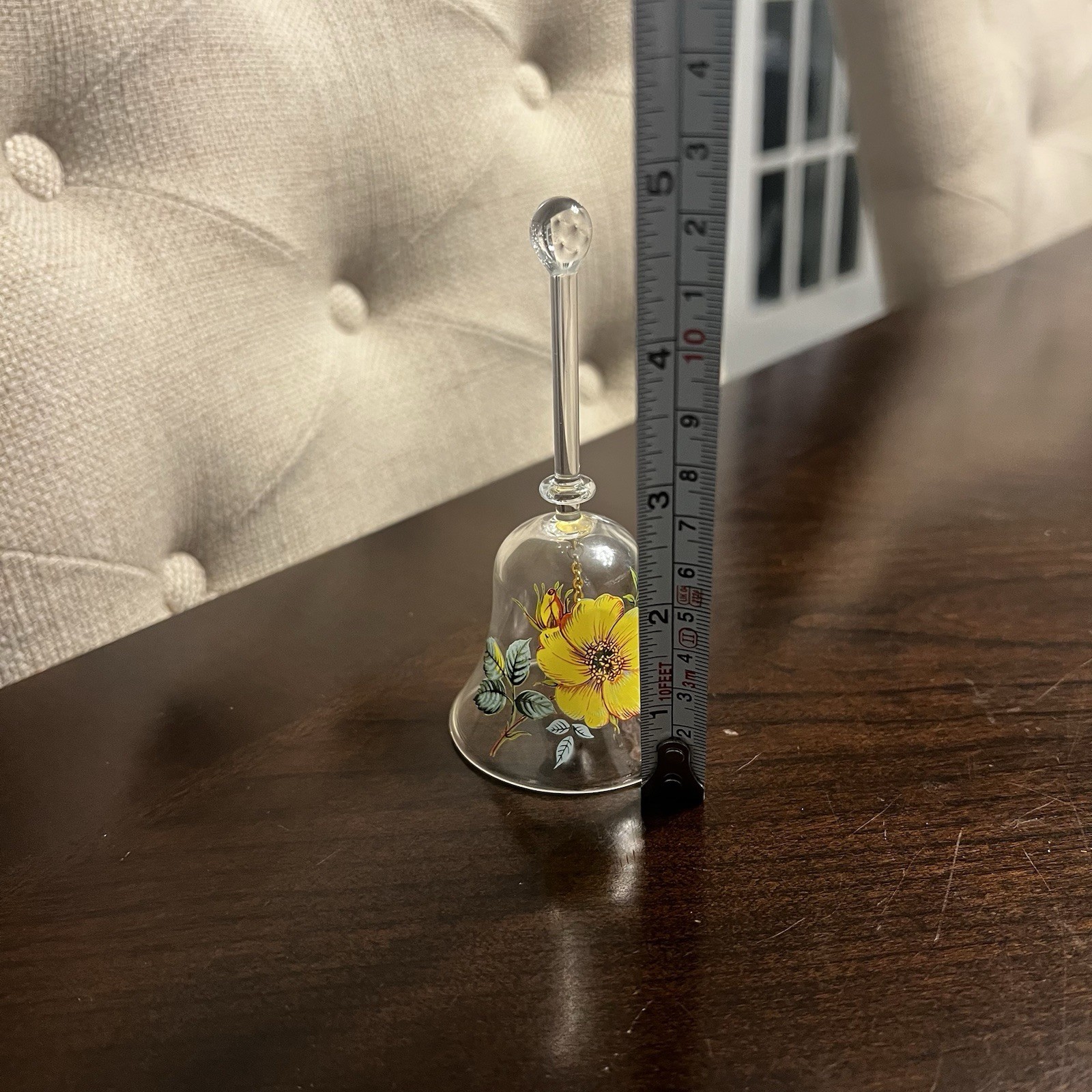 Clear Glass Bell with Yellow Poppy Flower Hand Painted 4.5″ Tall