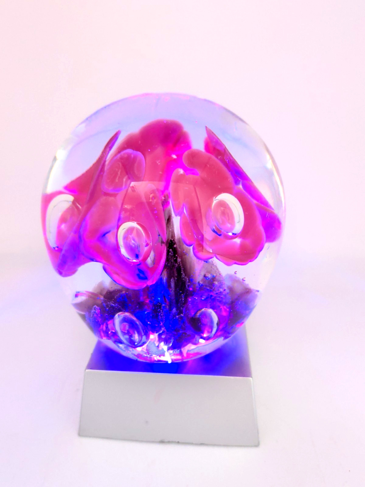 VTG 83 Maude&Bob St Clair Art Glass Paperweight Pink Trumpet Flower LIGHTED BASE