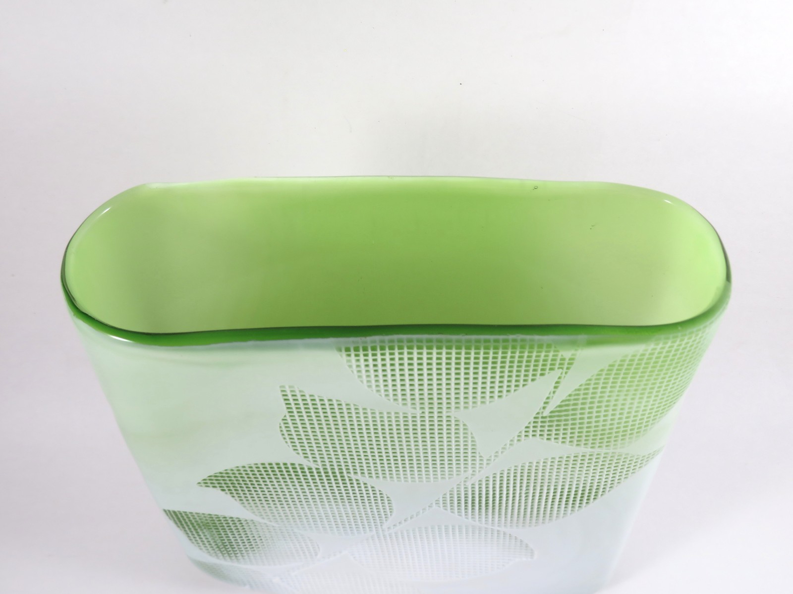 Heavy Blown Cased Glass Vase Green White Embossed Grid Leaves 8X7.5X2.75 Inches