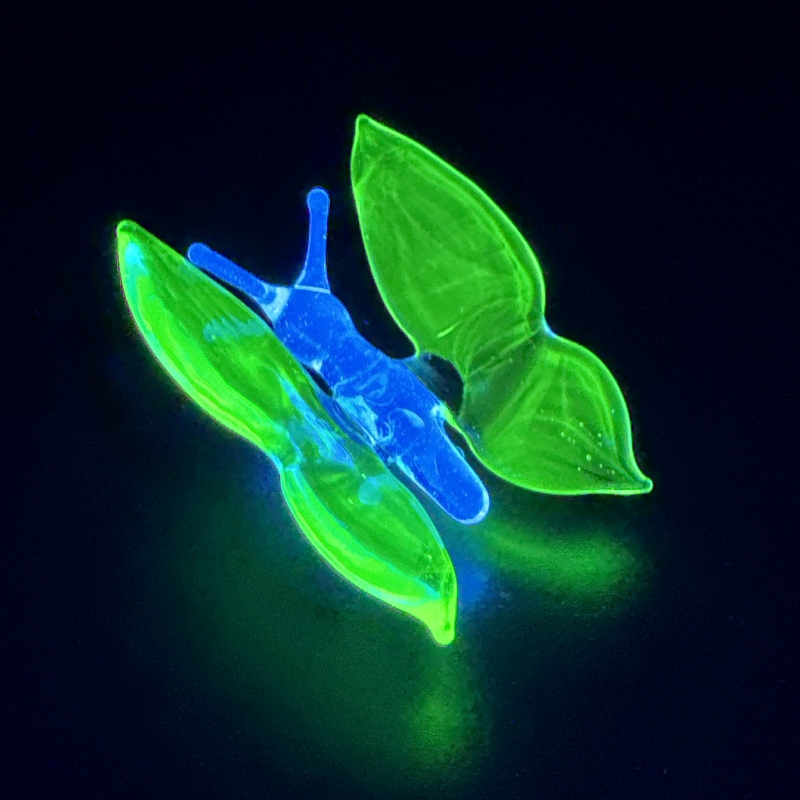 Handblown Uranium Glass Art Butterfly Figure UV Reactive Borosilicate Green Glow